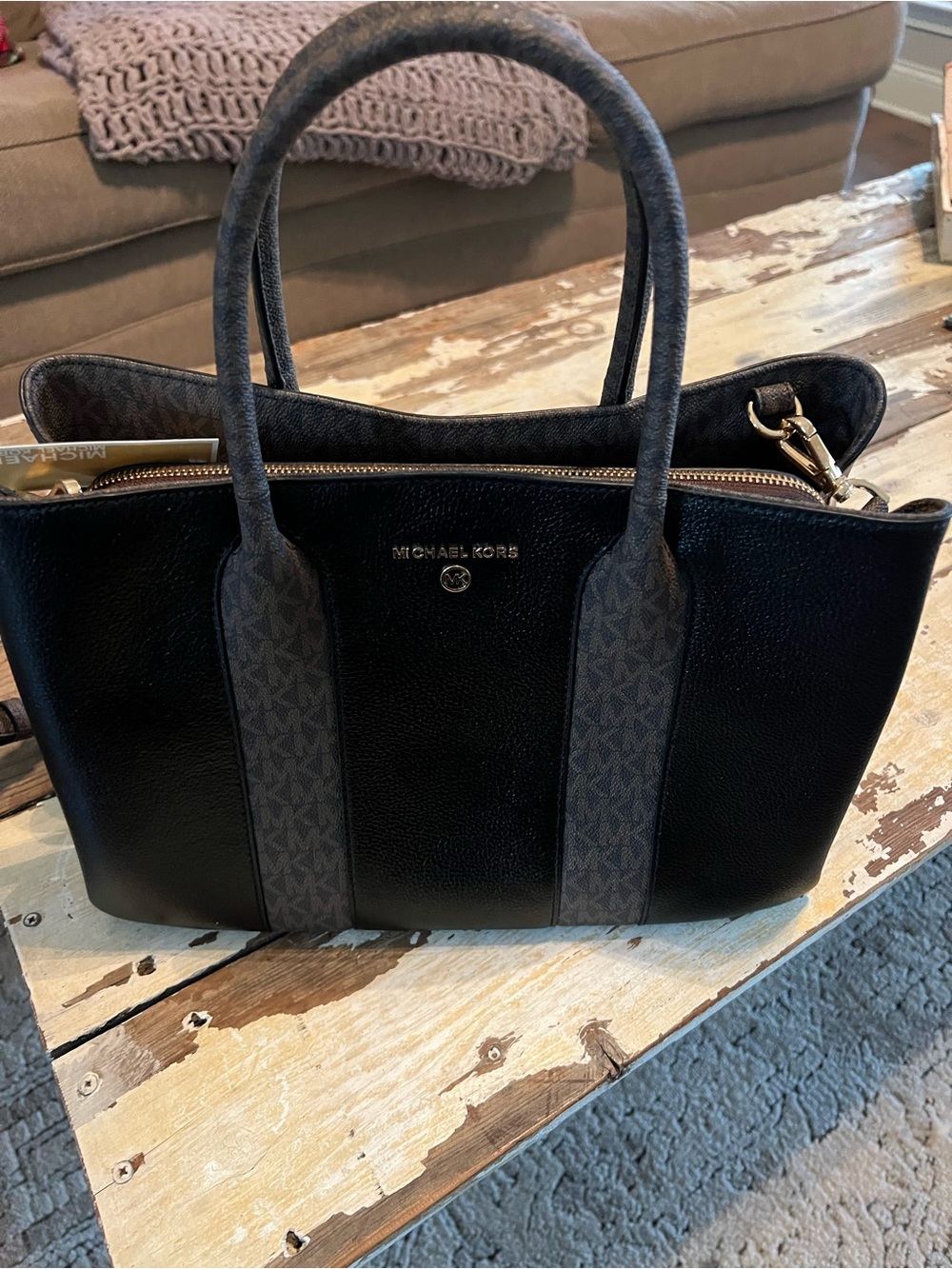 Michael Kors Black and Dark Brown Signature Panel Tote